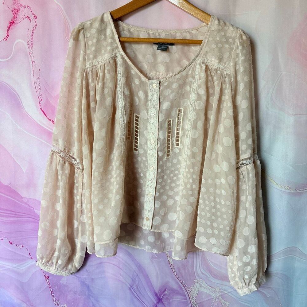 Gracia M Sheer Cream Polka Dot Blouse Luxury Romantic Coastal Parisian FLAW